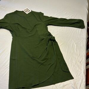 NWT Olive Green Faux Wrap Scoop Neck Dress